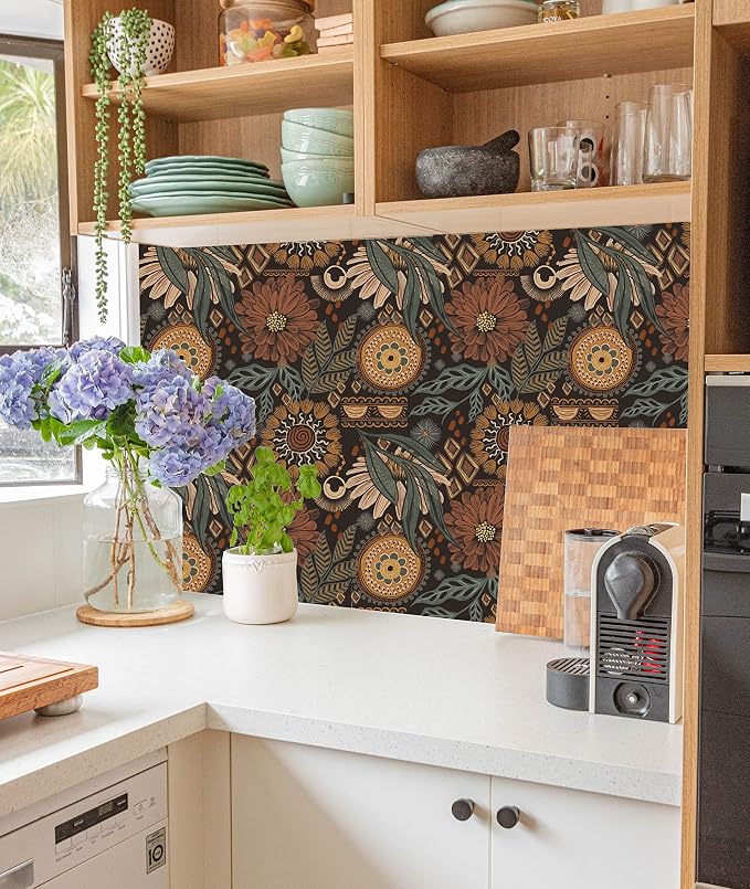HAOKHOME Boho Peel and Stick Wallpaper Floral Botanical 17.3in x 32.8ft | Renter Friendly Removable Vintage Textured Wall Paper Retro Brown Green Vintage Cottagecore for Bedroom Bathroom Accent Wall