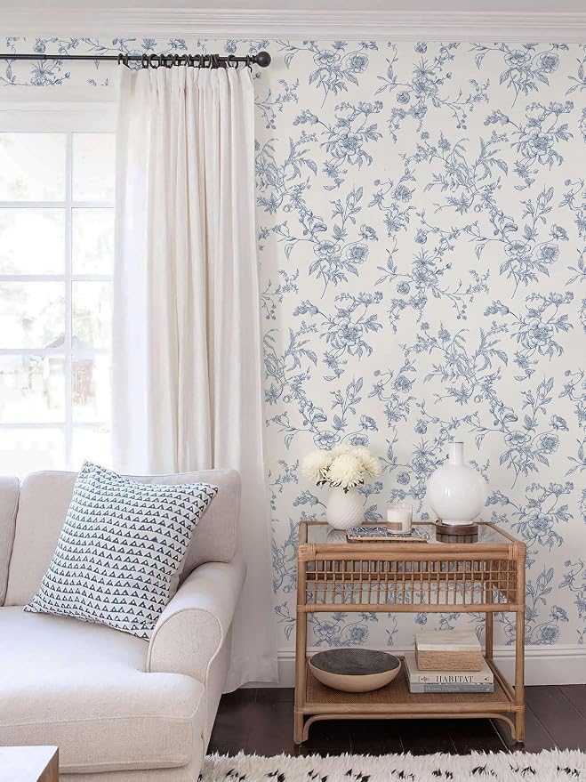 Ismoon Peel and Stick Wallpaper Floral Vintage Stick on Wall Paper Blue and White Contact Paper for Cabinet French Textured Removable Self Adhesive Wallpaper Vinyl for Bedroom Wall Deco 17.3 x 78.7in