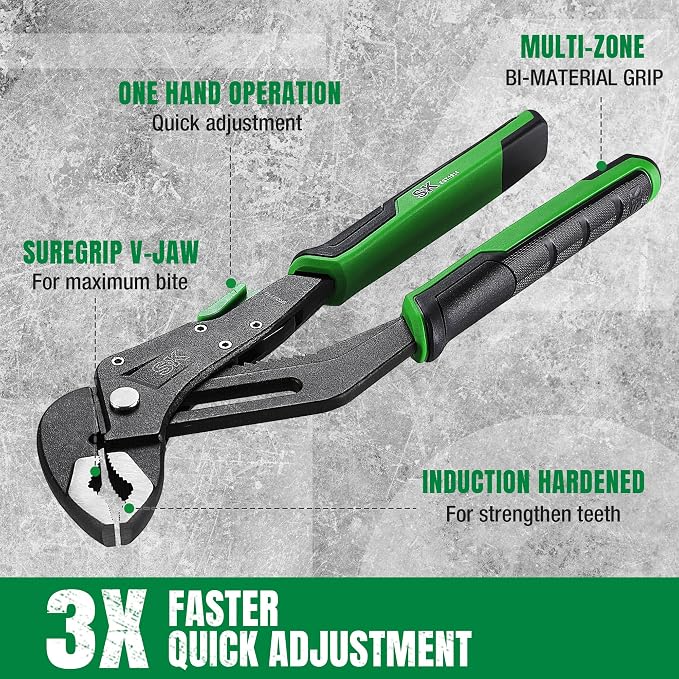 SK 5-Piece Pliers Set, Premium CR-V Steel, with EVA Foam Tool Organizer | 8" Adjustable Slip Joint Pliers, 8", 10" and 12" Quick Adjust V-Jaw Water Pump Pliers, 10" Smooth Parallel Jaw Pliers Wrench