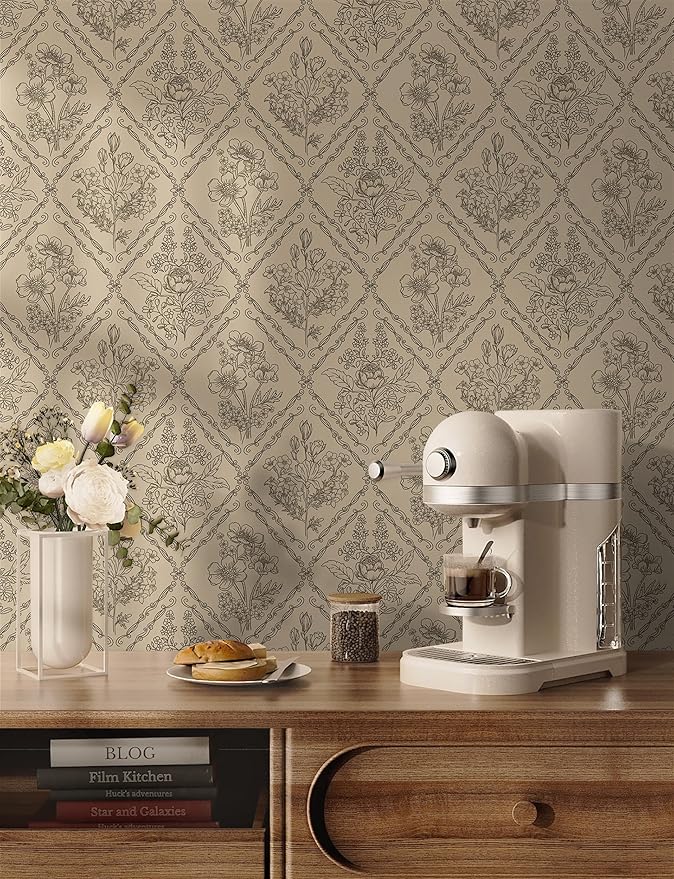 Toduso Vintage Peel and Stick Wallpaper Brown Floral Wallpaper for Kitchen Boho Neutral Contact Paper Removable Waterproof Self Adhesive Wall Paper for Bathroom Bedroom Drawer Decor Vinyl 17.3"x196.8"