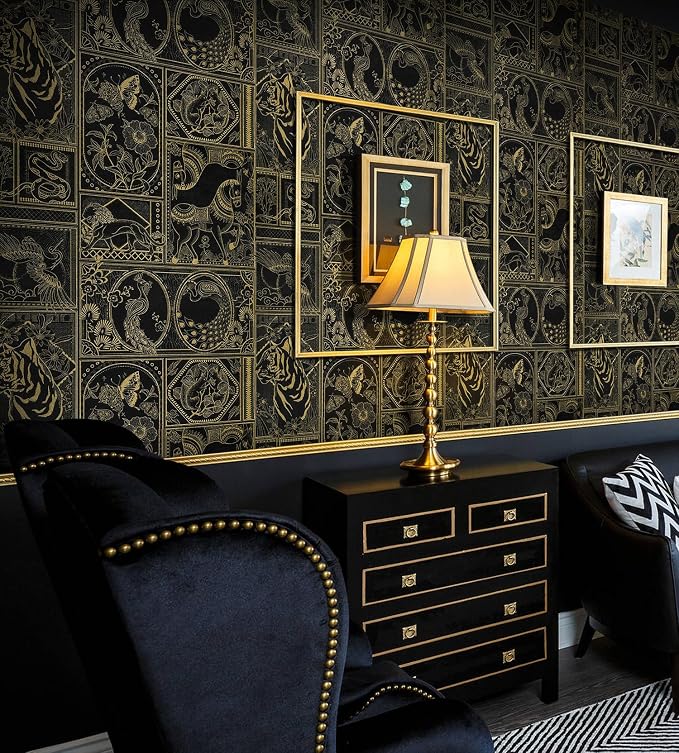 Erfoni 394"x17.7" Vintage Peel and Stick Wallpaper Black and Gold Contact Paper Peel and Stick Removable Animal Pattern Wall Paper DIY Waterproof Self Adhesive Wallpaper for Accent Wall Covering