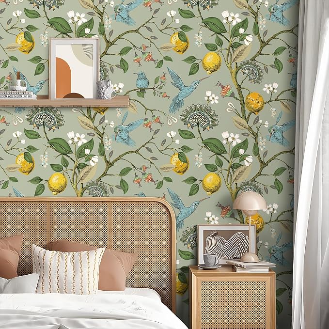 Livelynine 17.5x276" Peel and Stick Wallpaper Boho Green Vintage Floral Wallpaper Pre Pasted Wall Paper Removable Fresh Lemon Tree Teal Blue Bird Green Floral Contact Paper for Walls Kitchen Cabinets