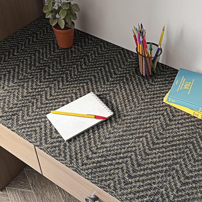 FunStick 15.8"x240" Black and Gold Grasscloth Wallpaper Self Adhesive Fabric Peel and Stick Wallpaper Geometric Wallpaper Removable Modern Herringbone Contact Paper for Bedroom Cabinets Desk Shelves