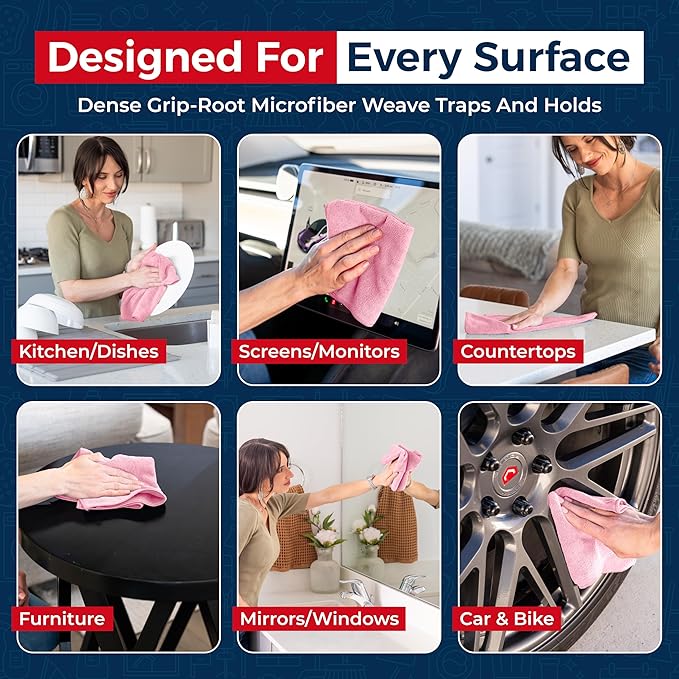 USANOOKS Microfiber Cleaning Cloth Light Pink - 24 Pcs 12.5"x12.5" - High Performance - 1200 Washes, Ultra Absorbent Towels Weave Grime & Liquid for Streak-Free Mirror Shine - Car Washing Cloth