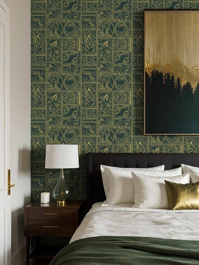 Erfoni 118"x17.7" Green and Gold Wallpaper Vintage Peel and Stick Wallpaper Special Animals Pattern Contact Paper Stick and Peel Self Adhesive Removable Wall Paper for Countertop Cabinets Covering