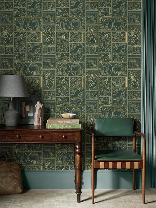 Erfoni 197"x17.7" Green and Gold Wallpaper Vintage Self Adhesive Peel Stick Wallpaper Retro Animail Pattern Contact Paper DIY Stick and Peel Removable Wall Paper Decoration Bedroom Wall Vinyl Roll