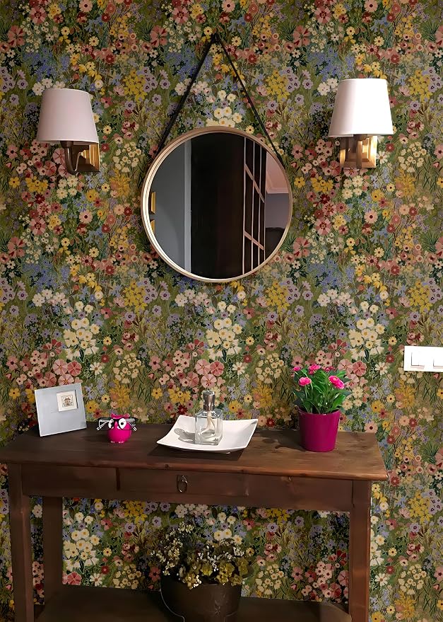 Floral Wallpaper Peel and Stick Boho Wall Paper Removable Waterproof Green Petal Pattern Contact Paper for Bedroom, Bathroom, Home Wall 17.3" x 393.7" | Vinyl Textured Stick on Wall paper DIY Self-adhesive Removable Waterproof Boho Green/Yellow/Pink fo...