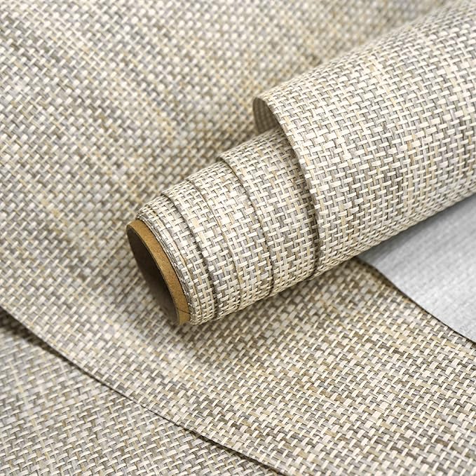 Ansehan Grasscloth Textured Wallcovering W714 Terraces Collection 36" W x 8 Yard L, Natural Modern Paper Weave, Non Prepasted Home Décor for Boho Living Sapce Feature Wall, Wheat Beige/Grey