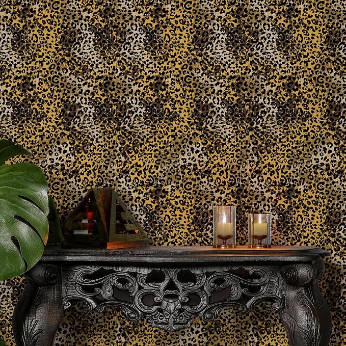 Black Gold Leopard Print Peel and Stick Wallpaper, 17.3" x 400" | Waterproof Removable Self Adhesive Wallpaper, Unique Funky Cheetah Contact Paper for Bedroom, Bathroom, Decor