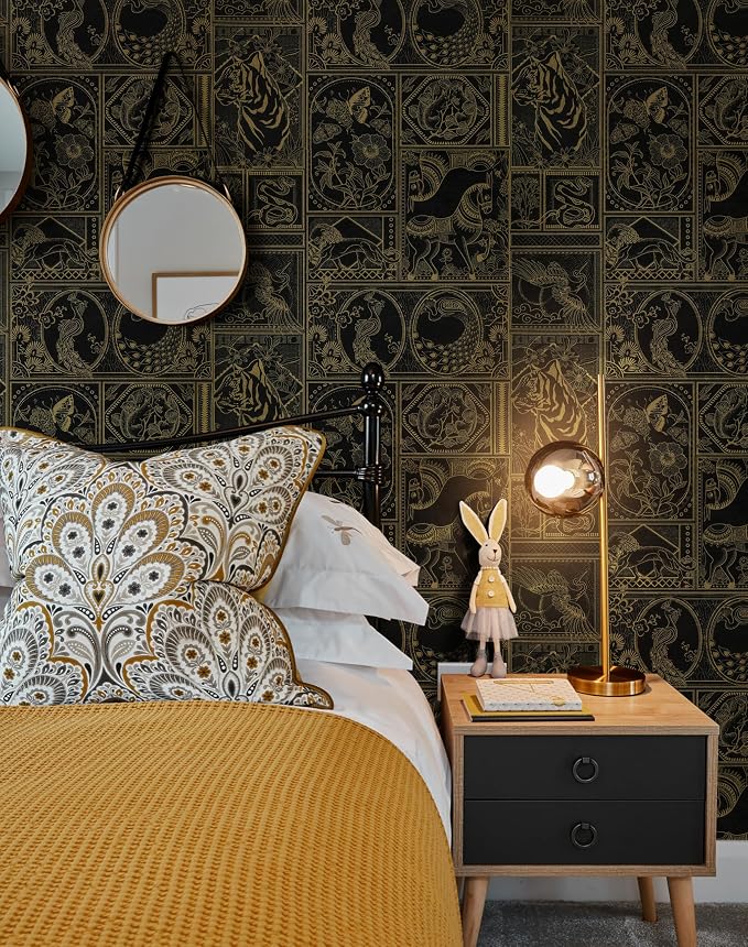 Erfoni 197"x17.7" Black and Gold Wallpaper Vintage Self Adhesive Peel and Stick Wallpaper Retro Animail Pattern Contact Paper DIY Stick and Peel Removable Wall Paper Decoration Bedroom Wall Vinyl Roll