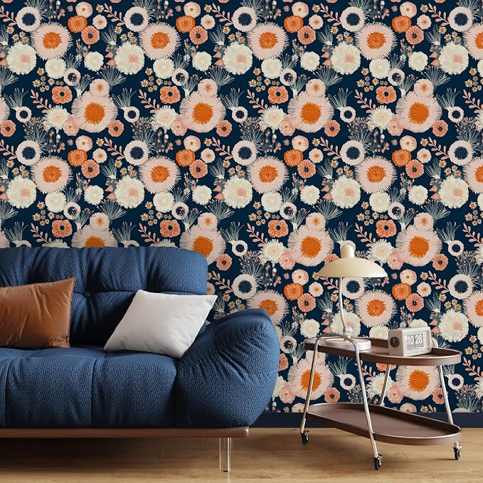 Vintage Blue/Pink Boho Floral Peel and Stick Wallpaper 17.5"x393" | Self Adhesive/Removable/Waterproof/Thick Vinyl Contact Paper for Bathroom Bedroom Shelf Cabinet Drawer,Prepasted,Easy Peel