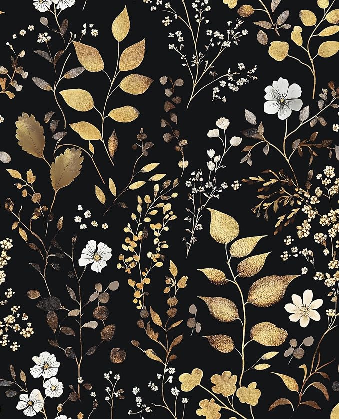 Vintage Dark Floral Gold Leaf Peel and Stick Wallpaper 17.5"x787" | Self Adhesive/Removable/Waterproof/Thick Vinyl Extra Long Contact Paper for Bathroom Bedroom Shelf Cabinet Drawer,Prepasted
