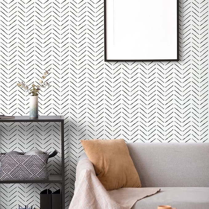 Rugreat Black Herringbone Peel and Stick Wallpaper Modern 118inL17.3inW | Stripe Contact Paper for Cabinets Neutral Self Adhesive Removable Wallpaper for Bedroom Bathroom Waterproof Black and White