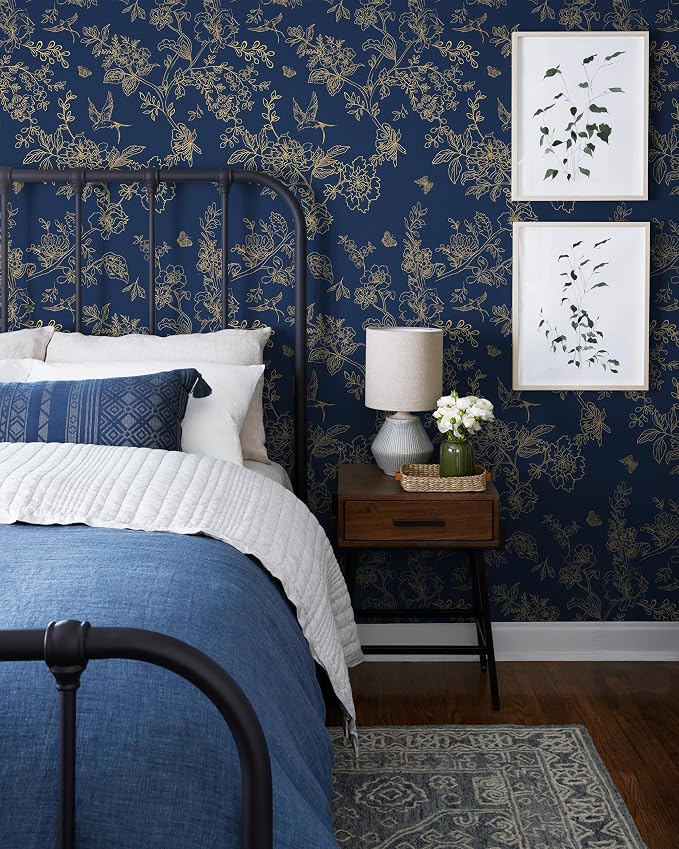 Froluya Dark Blue and Gold Vintage Floral Peel and Stick Wallpaper 17.7"x393.7" Dark Blue Floral Wallpaper Peel and Stick Removable Self Adhesive Wall Paper for Bathroom Bedroom Decorative Vinyl