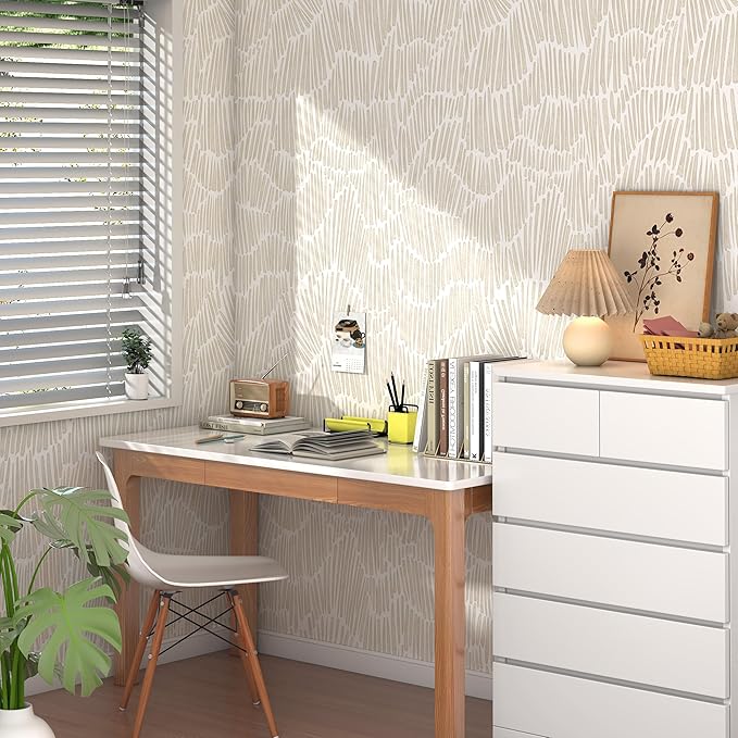 Theper Beige Peel and Stick Wallpaper Boho Contact Paper 17.3"×118" | Striped Modern Wallpaper Removable Self Adhesive Wall Paper for Bedroom Waterproof White and Gold Wallpapers Vinyl