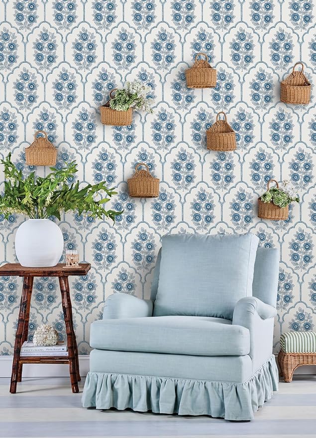 NuWallpaper x Society Social Floral Bazaar Delft Blue Peel and Stick Wallpaper, SSS6315
