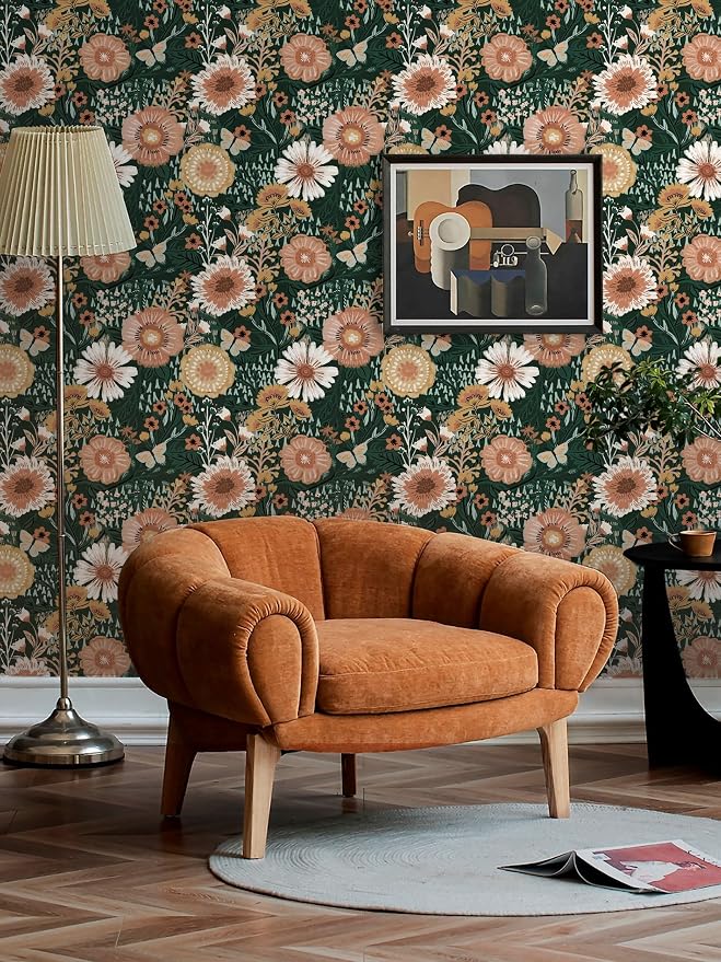 Boho Retro Dark Green Wallpaper Peel and Stick Wallpaper Vintage Floral Contact Paper 17.3''x362'' Bohemian Removable Wall Paper Renter Friendly Waterproof Wall Mural Bedroom Bathroom Vinyl