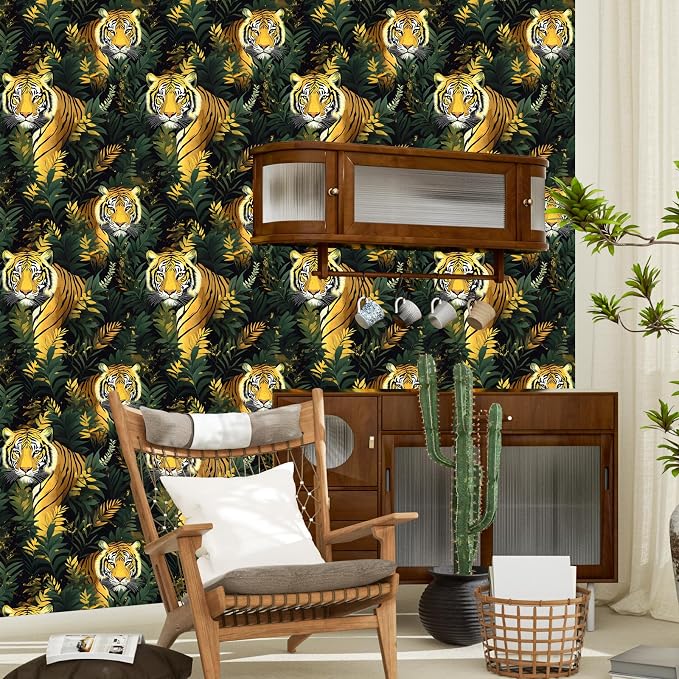 Gold Vintage Tiger Peel and Stick Wallpaper 17.5" x 118" | Waterproof Vinyl Self Adhesive Removable Renter Friendly Floral Contact Paper