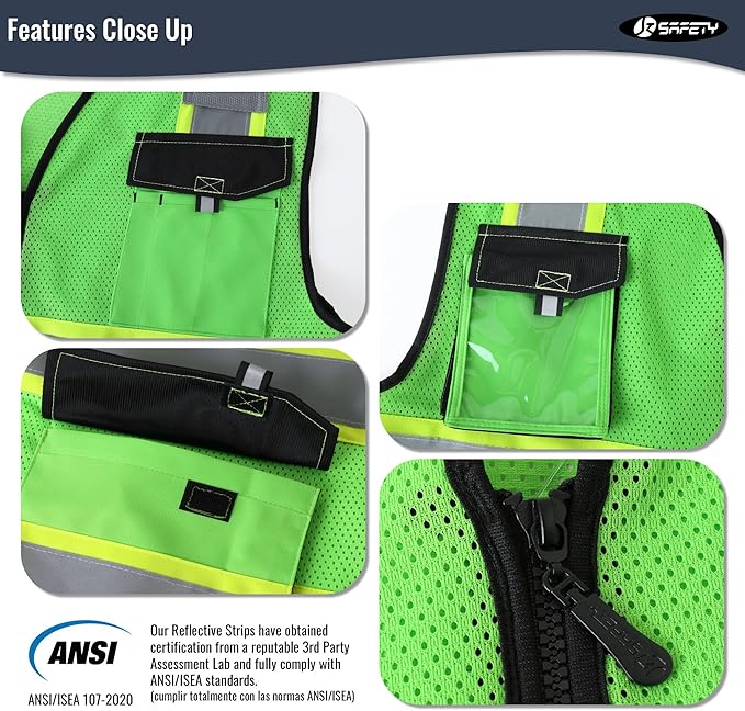 JKSafety Hi Vis Reflective Safety Vests for Men Women High Visibility Vest with Pockets Mesh Fabric Construction Safety Apparel Neon Vest for Work (220-Green L)