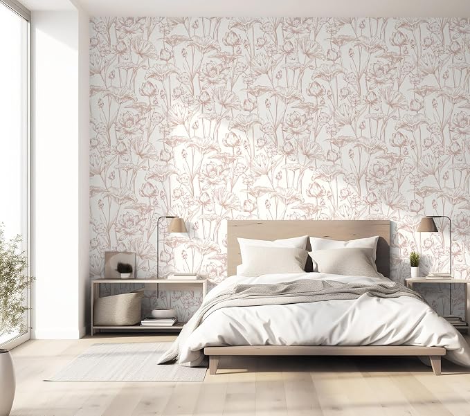 Timeet Floral Peel and Stick Wallpaper White and Pink Vintage Contact Paper 16" x 197" Lotus Self Adhesive Removable Wallpaper for Bedroom Bathroom Waterproof Decoration