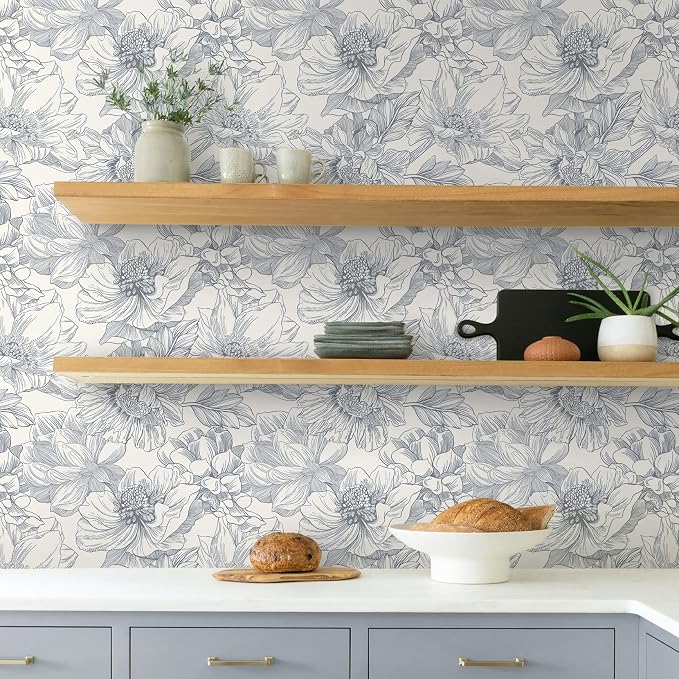197"x17.3"Grey Floral Line Contact Paper Retro Wallcovering for Living Room