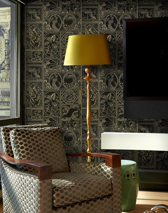 Erfoni 197"x17.7" Black and Gold Wallpaper Vintage Self Adhesive Peel and Stick Wallpaper Retro Animail Pattern Contact Paper DIY Stick and Peel Removable Wall Paper Decoration Bedroom Wall Vinyl Roll