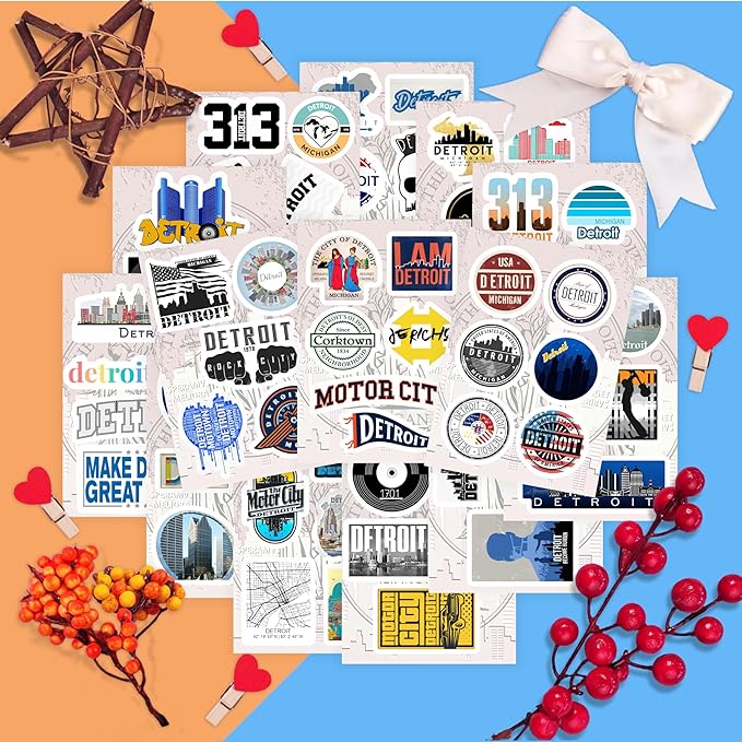 BulbaCraft Detroit Stickers for Water Bottle and Laptop - Detroit Party Supplies & Decorations, Waterproof Vinyl Decals, City and Landmark Stickers, Gifts for Women & Men