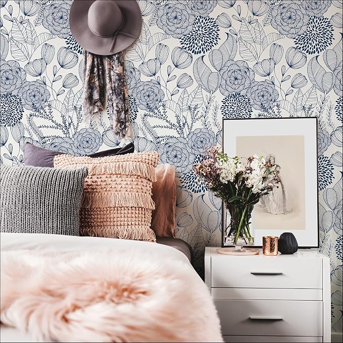 NuWallpaper by WallPops NUS3830 Navy Secret Garden Peel & Stick Wallpaper, Blue