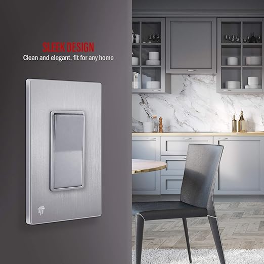 ENERLITES Elite Series Decorator Light Switch with Brushed Screwless Wall Plate, Single Pole, 3 Wire, Grounding Screw, Residential Grade, 15A 120V, UL Listed, 91150-SVWBP, Silver with Wall Plate