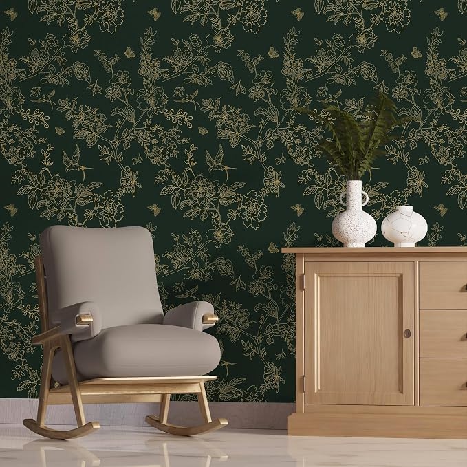 Froluya Green and Gold Peel and Stick Wallpaper for Bathroom 17.7in×590.5in | Dark Green Floral Wallpaper Vintage Contact Paper Peel and Stick Flowers Birds Removable Self Adhesive Cabinets Wall Paper