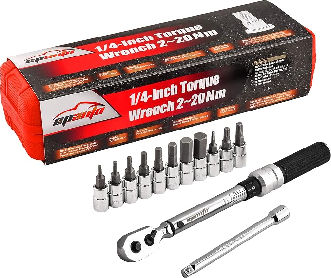 EPAuto Hex/Torx Bit Socket Extension Bar Bicycle Maintenance Kit | Bike Tool 1/4 Inch Drive Click Torque Wrench Set (2 to 20 Nm), Hex/Torx