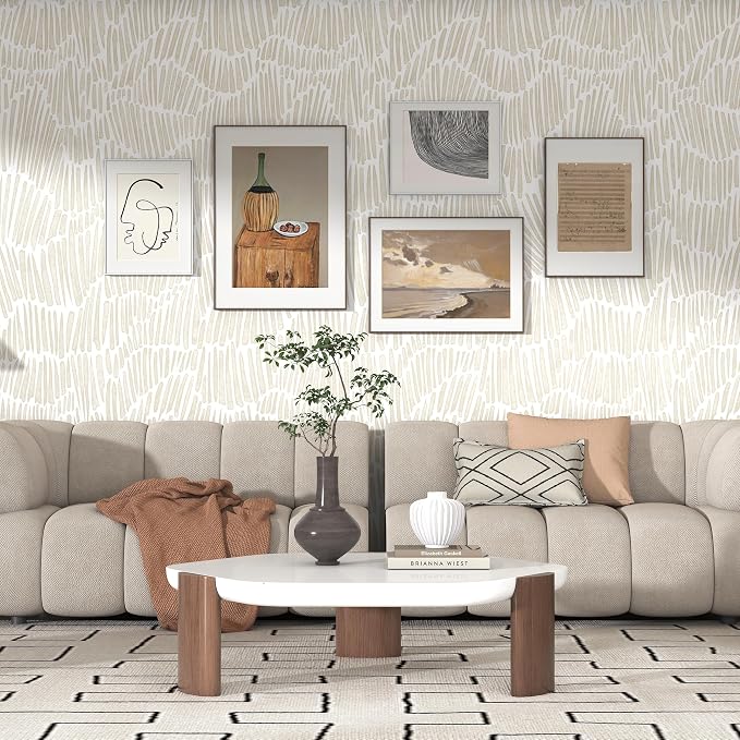 Theper Beige Peel and Stick Wallpaper Boho Contact Paper 17.3"×118" | Striped Modern Wallpaper Removable Self Adhesive Wall Paper for Bedroom Waterproof White and Gold Wallpapers Vinyl