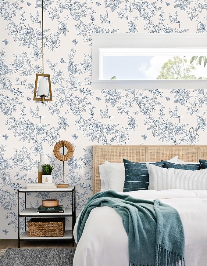 Froluya Cream White and Blue Floral Wallpaper Peel and Stick Wallpaper 17.7"x196.8" Vintage Floral Peel and Stick Wall Paper Removable Boho Self Adhesive Contact Paper for Bedroom Bathroom Vinyl