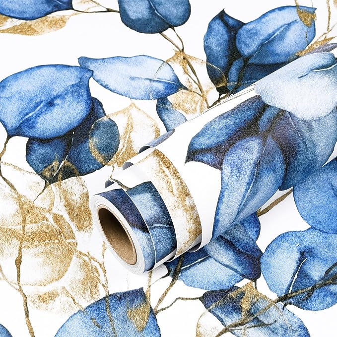 Livelynine Moody Blue Botanical Peel and Stick Wallpaper Navy White Gold | botanical wallpaper navy blue white and gold watercolor eucalyptus leaf self adhesive contact paper decorative 17.5x78.8"