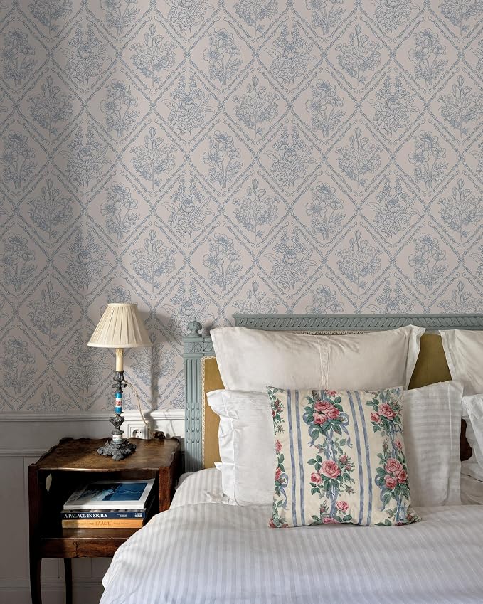 Toduso Peel and Stick Wallpaper Vintage Wall Paper Boho Contact Paper Blue Removable Wallpaper for Kitchen Bathroom Bedroom Floral Waterproof Self Adhesive Vinyl Drawer Decor 17.3"x78.7"