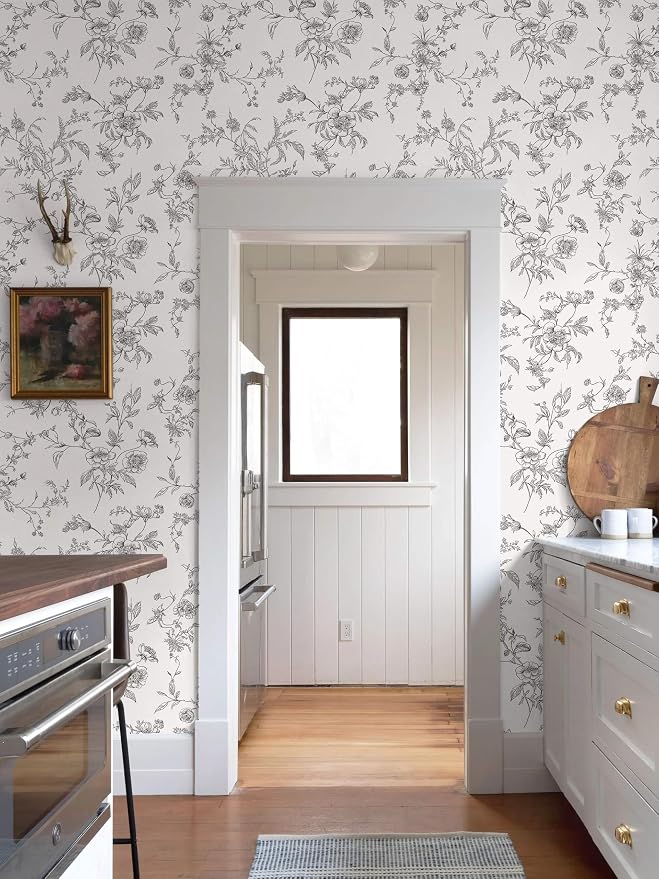 Ismoon Peel and Stick Wallpaper Floral Vintage Stick on Wall Paper Black and White Contact Paper for Cabinet French Textured Removable Self Adhesive Wallpaper Vinyl for Bedroom Wall Deco 17.3 x 78.7in