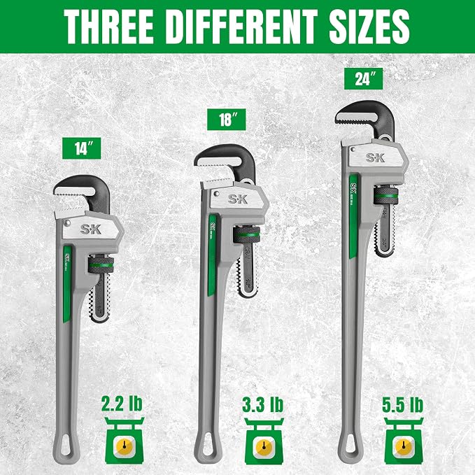 SK 24'' Pipe Wrench, Adjustable Plumbers Wrench, Aluminum Plumbing Wrench | Large Jaw Capacity 1/2'' to 3'', Lightweight I-Beam Handle, Serrated Jaw for Anti-Slip Grip, Drop-Forged Cr-V Steel Head