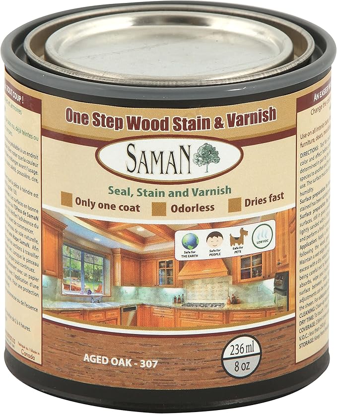 SamaN Interior One Step Wood Seal, Stain and Varnish – Oil Based Odorless Dye - Protection for Furniture and Fine Wood (Aged Oak SAM-307, 8 oz)