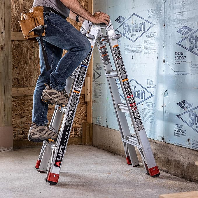 Lift Ladders Aluminum Step Ladder, 5-in-1 Multi-Position Frame, 18 Ft Reach, Silver - Extendable Indoor and Outdoor Equipment for Home, Kitchen, Office, and Garage - Portable and Lightweight
