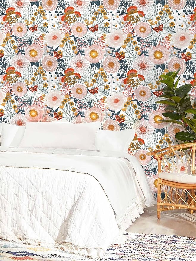 Dimoon Floral Wallpaper Peel and Stick Wallpaper Boho Retro Contact Paper 17.3''x362'' White Bohemian Vintage Removable Wall Paper Renter Friendly Waterproof Wall Mural Bedroom Bathroom Vinyl