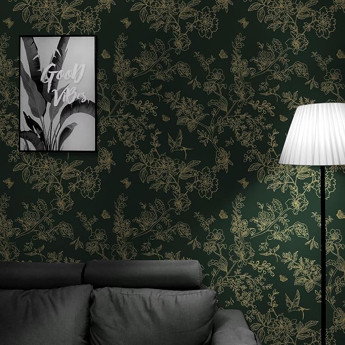 Froluya Dark Green and Gold Wallpaper Floral Peel and Stick Wallpaper 17.7"x118.1" Vintage Floral Contact Paper Peel and Stick Flowers Birds Removable Self Adhesive Wall Paper for Bedroom Cabinets