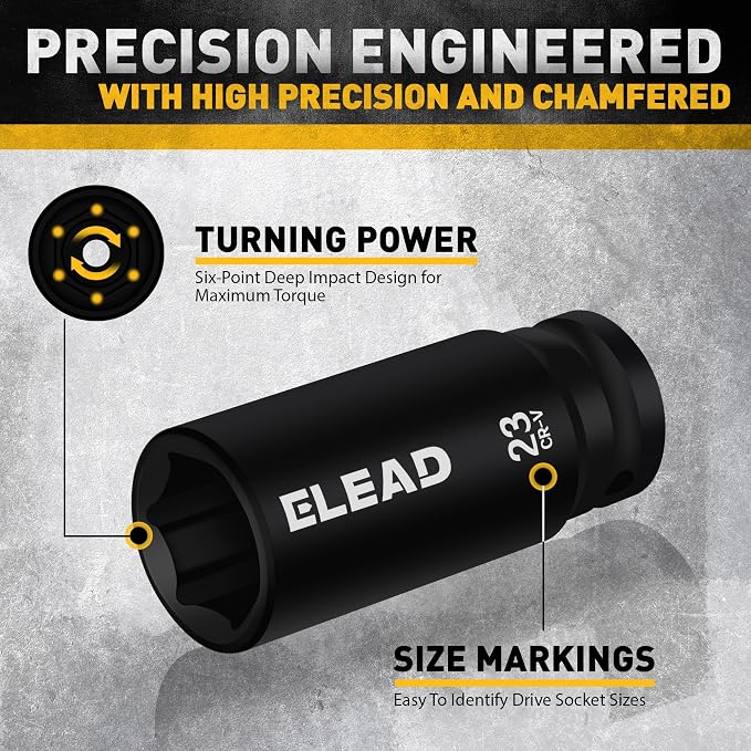 ELEAD 1/2" Drive Deep Impact Socket Set: 30-Piece Standard SAE (3/8 to 1 Inch) and Metric (10-24mm) Size, 3" and 5" Drive Extension Bar, Ratchet Handle, Bit Adapter, CR-V Steel for Auto Repair