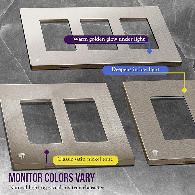 ENERLITES Elite Series Screwless Decorator Wall Plate Child Safe Outlet Cover, Gloss Finish, Size 3-Gang 4.68" H x 6.53" L, Unbreakable Polycarbonate Thermoplastic, SI8833-BNK, Brushed Nickel