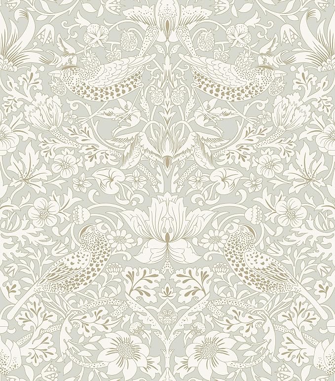 HueBurst William Morris Vintage Peel and Stick Wallpaper 17.7 x 1200in Grey Botanical Self Adhesive Removable Waterproof Contact Paper for Living Room Bedroom Cabinets Drawers Decor