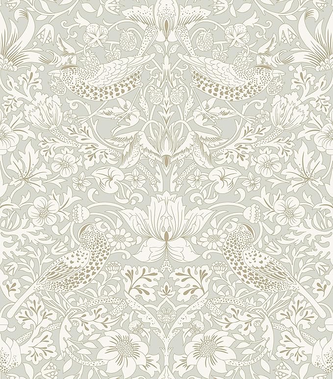 17.7x394in Vintage Floral Wallpaper Peel and Stick William Morris Wallpaper Neutral Strawberry Bird Botanical Self Adhesive Removable Waterproof Contact Paper for Living Room Bedroom Bathroom
