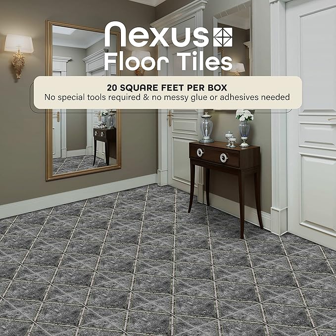Nexus Self Adhesive 12-Inch Vinyl Floor Tiles, 20 Tiles - 12" x 12", Metallic Marble Diamond Pattern - Peel & Stick, DIY Flooring for Kitchen, Dining Room, Bedrooms & Bathrooms by Achim Home Decor