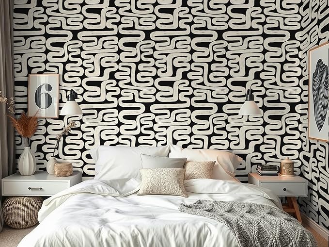 Black and Cream White Peel and Stick Wallpaper Modern Geometric Self-Adhesive Removable Contact Paper Thicken Waterproof Easy to Clean Decorative Wall Paper for Bedroom Bathroom 17.3in x 394in