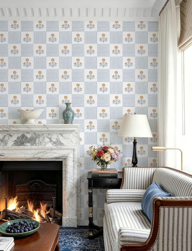 Guvana Blue Floral Peel and Stick Wallpaper Vintage Floral Wallpaper Boho Wall Paper Removable Modern Contact Paper Vinyl Self Adhesive for Bedroom Bathroom Kitchen Livingroom Covering 17.3" x 78.7"