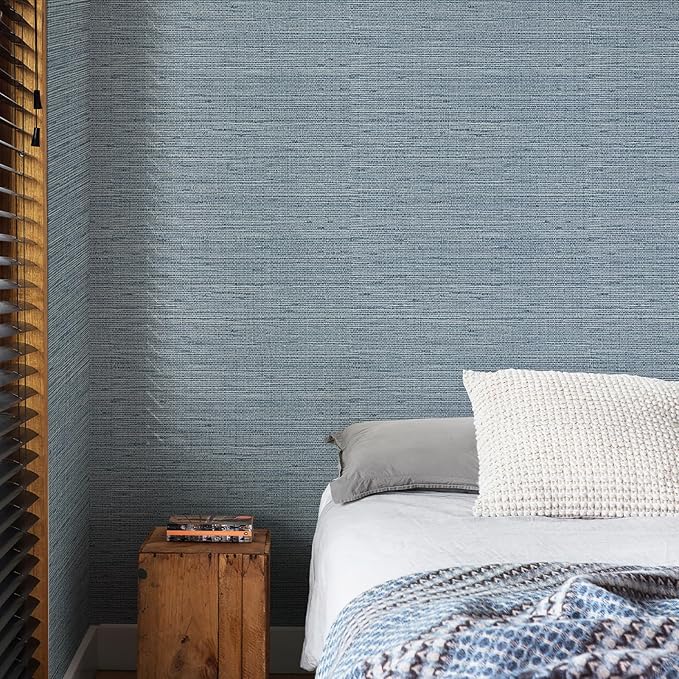 Simon&Siff Gray Blue Textured Grasscloth Peel and Stick Wallpaper 17.7"x1200" Neutral Faux Grassweave Waterproof Self Adhesive Removable Wallpaper Mural for Home Decor Bedroom Kitchen Cabinet