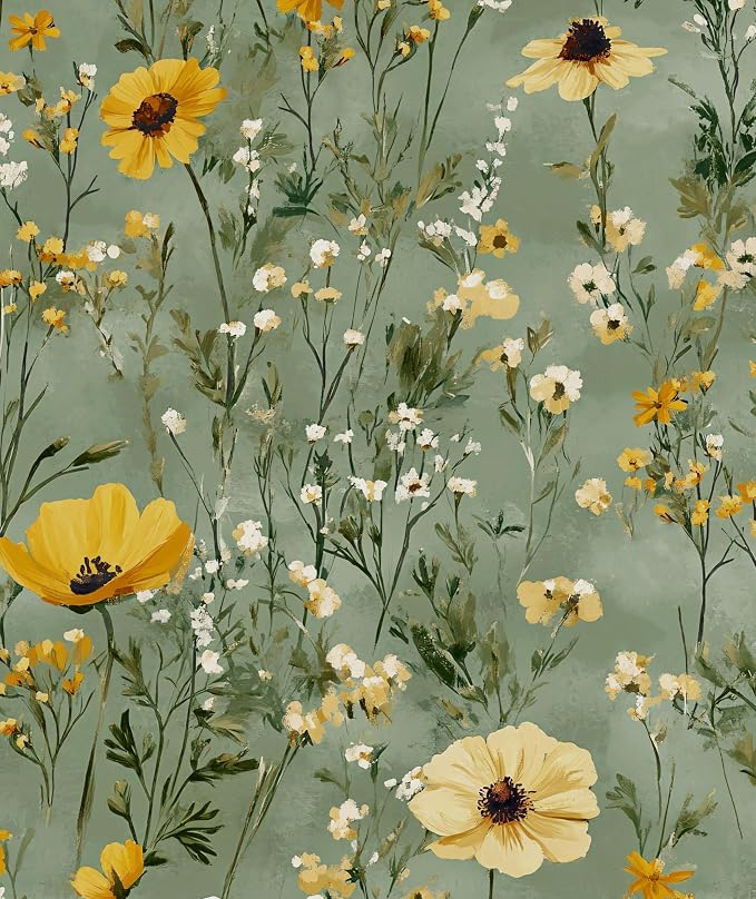Vintage Green Yellow Daisy Floral Botanical Wallpaper 17.5"x393" | Self Adhesive/Removable/Waterproof/Thick Vinyl Contact Paper for Bathroom Bedroom Shelf Cabinet Drawer,Prepasted,Easy Peel